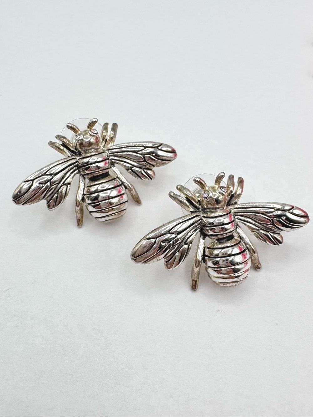 Vintage MJ Bee Earrings Rhinestone Eyes Insect Bug Signed Realistic